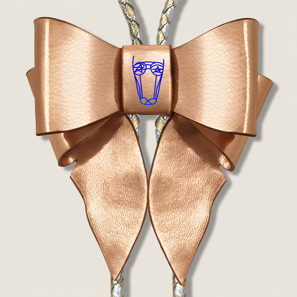 Metallic Copper Leather Bow with central Brand Logo on Beige Background