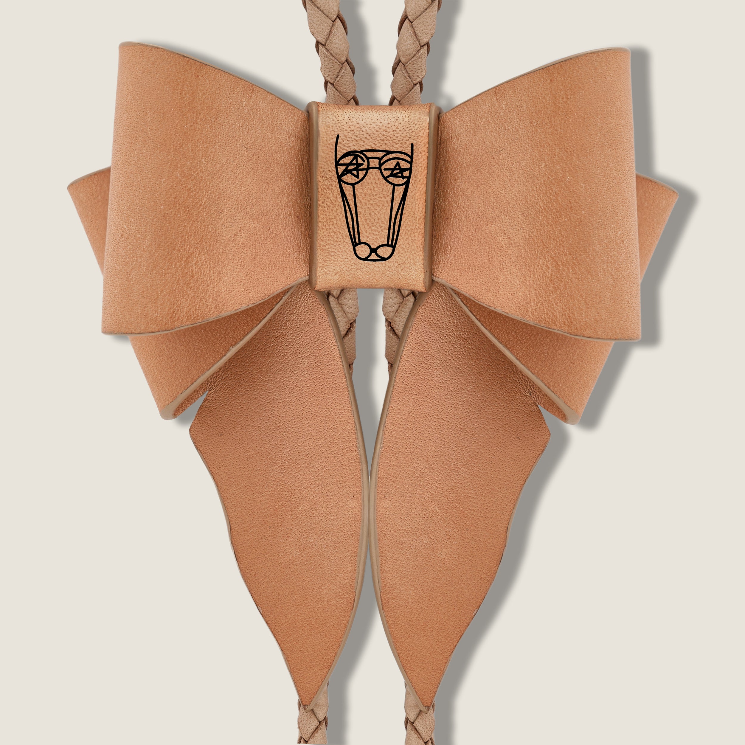Marrs Makers Light Tan Saddle Leather Bolo Necklace with Bow Ornament Braided Leather Cord Silver Metal Tips and Horse Logo  