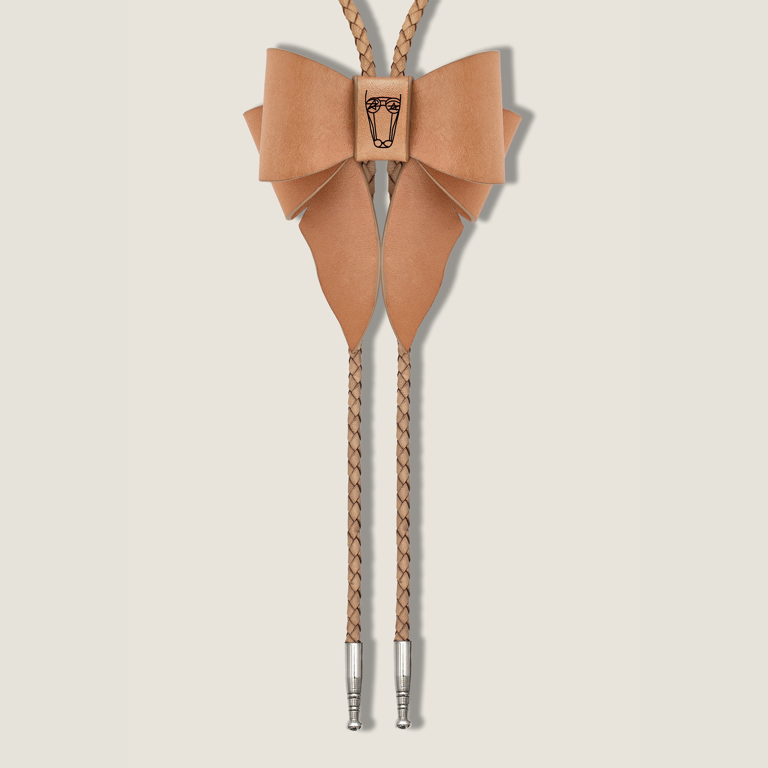 Marrs Makers Light Tan Saddle Leather Bolo Necklace with Braided Leather Cord Silver Metal Tips and Horse Logo  