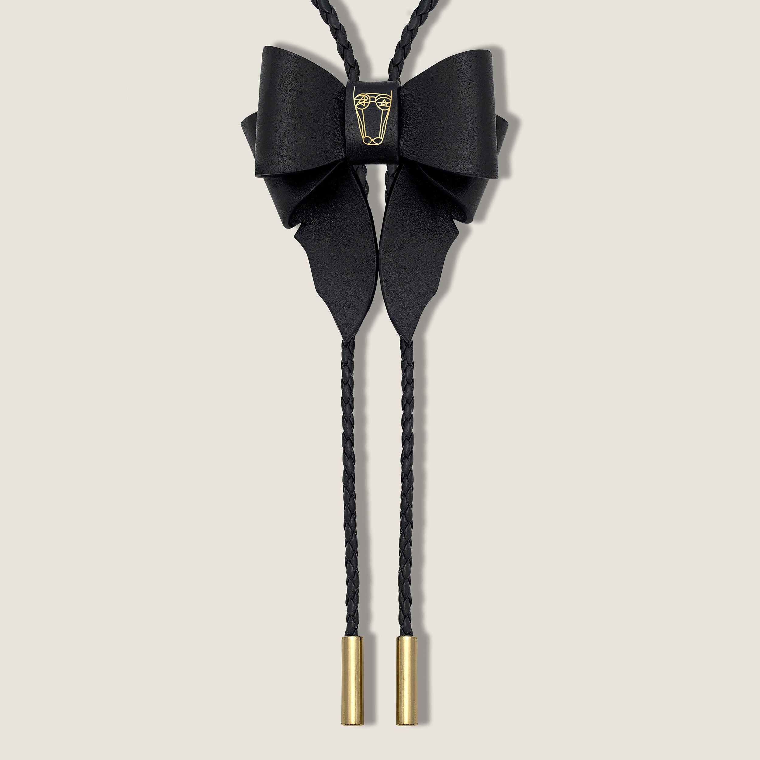 Marrs Makers Black Leather OG Bolo Necklace with Bow Ornament Braided Leather Cord Gold-Plated Metal Tips