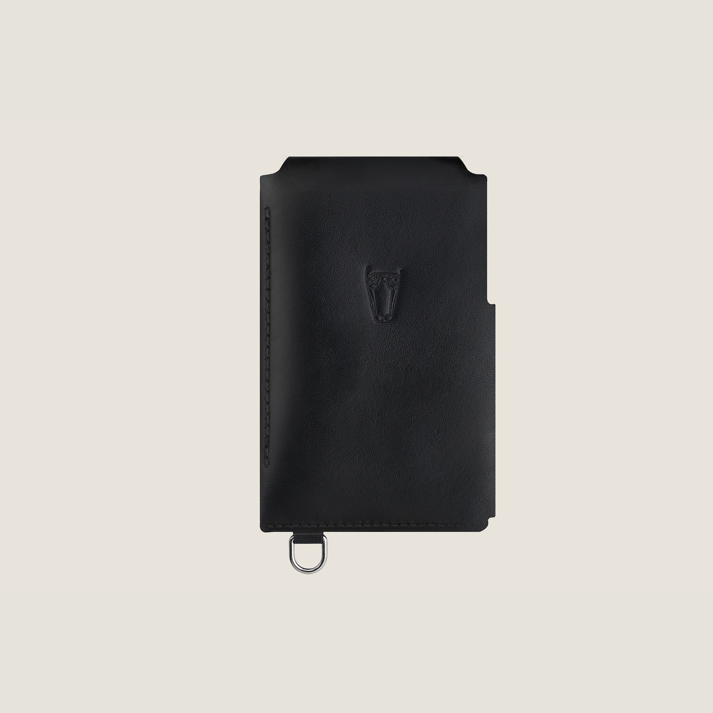 Black leather wallet with a brand logo on a beige background