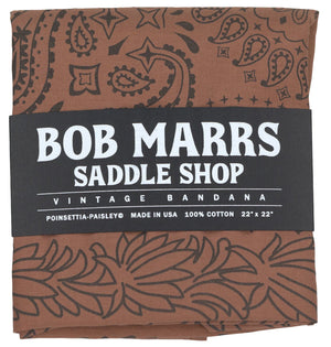 Bob Marrs Poinsettia-Paisley Collectible Bandana - Mocha Brown shown with Bob's custom hand-rendered typeface label 