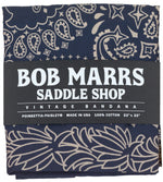Bob Marrs Poinsettia-Paisley Collectible Bandana - Royal Navy Blue shown with Bob's custom hand-rendered typeface label 