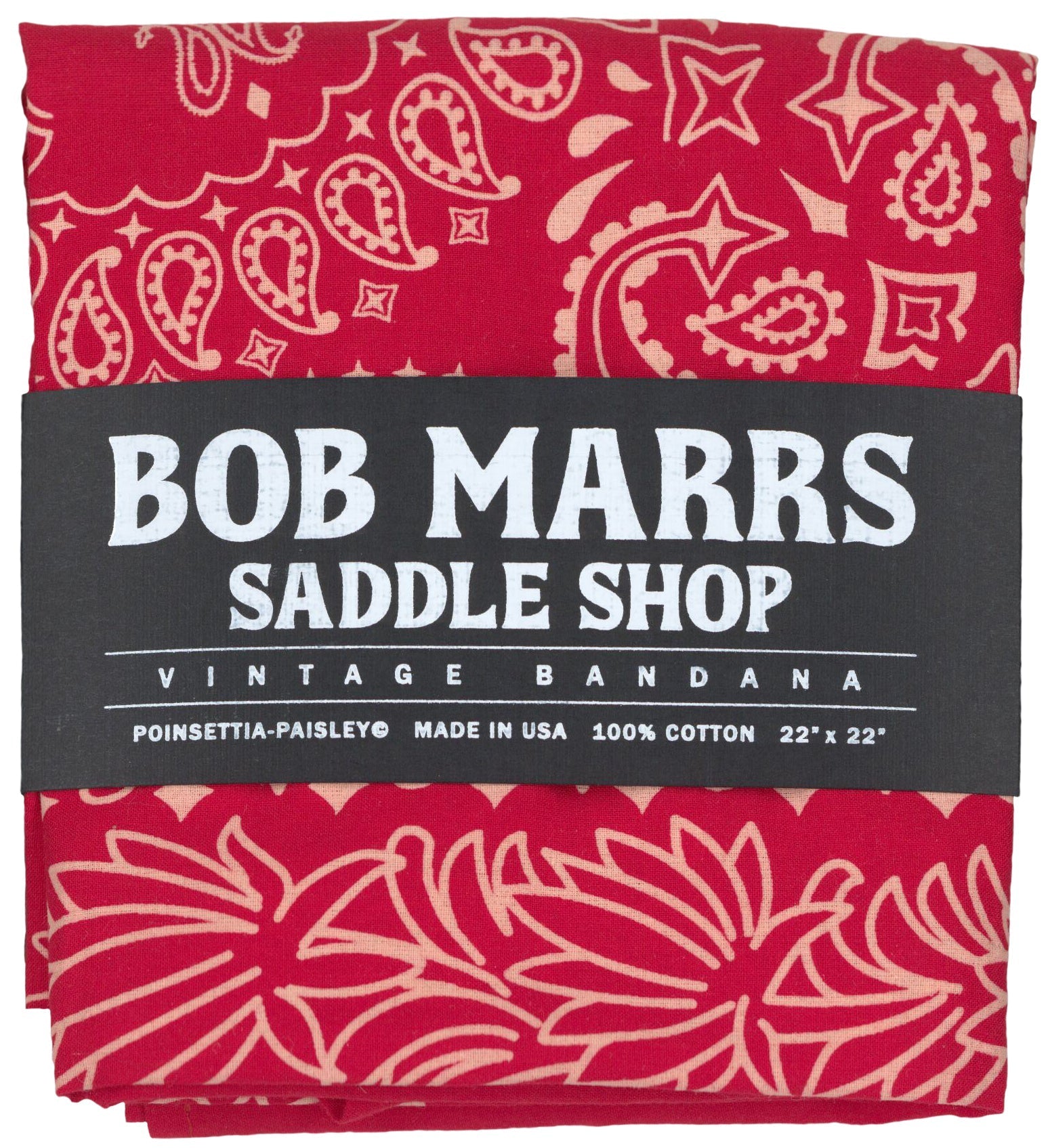 Bob Marrs Poinsettia-Paisley Collectible Bandana - Turkey Red shown with Bob's custom hand-rendered typeface label 