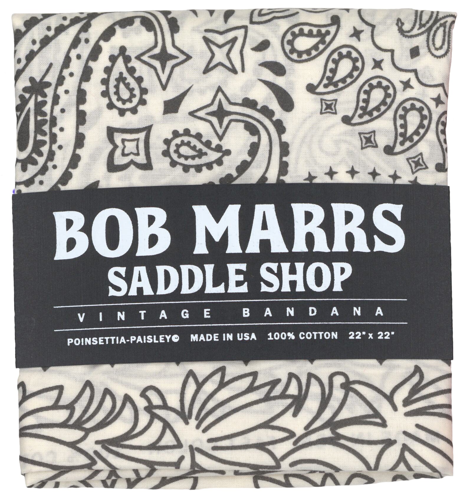 Bob Marrs Poinsettia-Paisley Collectible Bandana - Vintage Ivory  shown with Bob's custom hand-rendered typeface label 