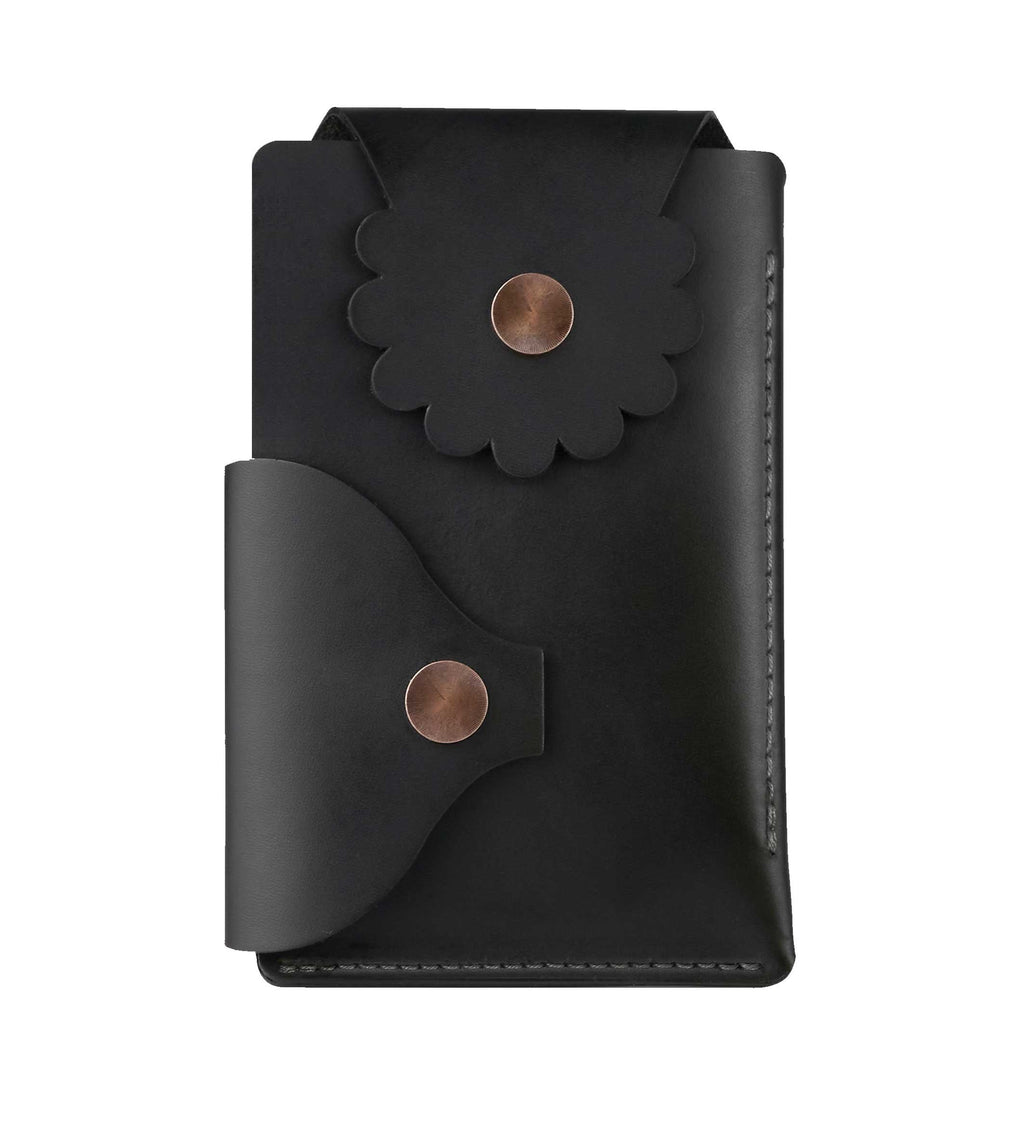 Black wallet with metal snap closure