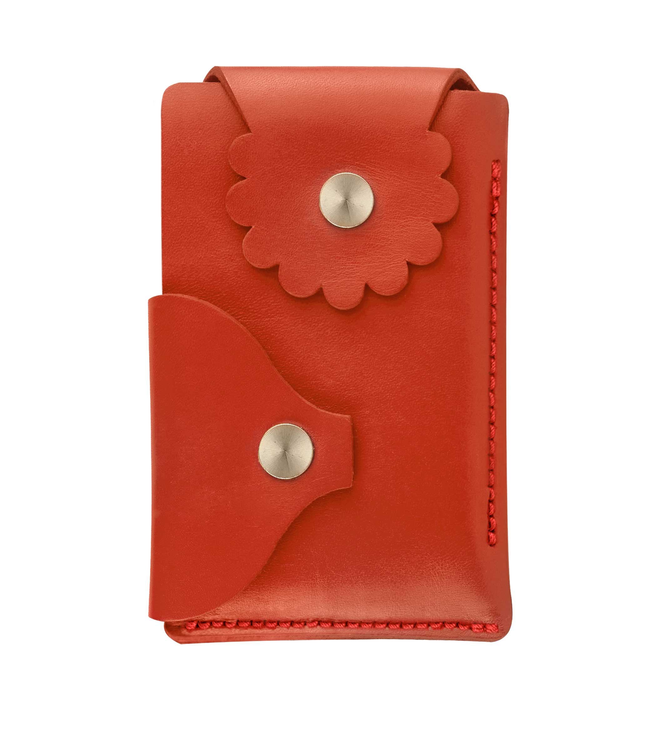 Marrs Makers Empire Red Leather Wallet. (Front view as seen in this photo.) Hand-stitched. Versatile dual-entry is convenient and secure with metal snap closure on each flap.  M20-M007RED