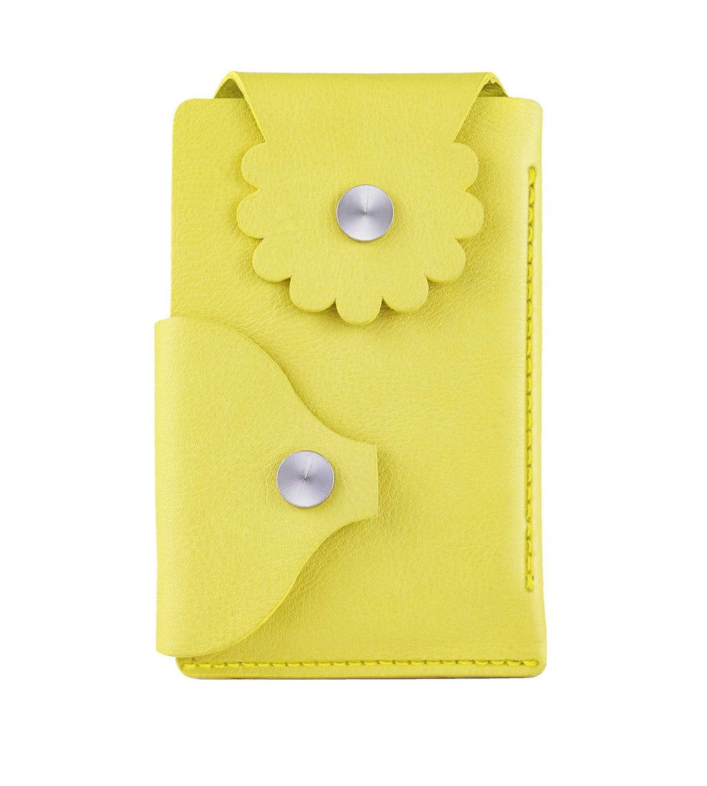 Marrs Makers Marigold Yellow Leather Wallet. (Front view as seen in this photo.) Hand-stitched. Versatile dual-entry is convenient and secure with metal snap closure on each flap.  M20-M003YLW.