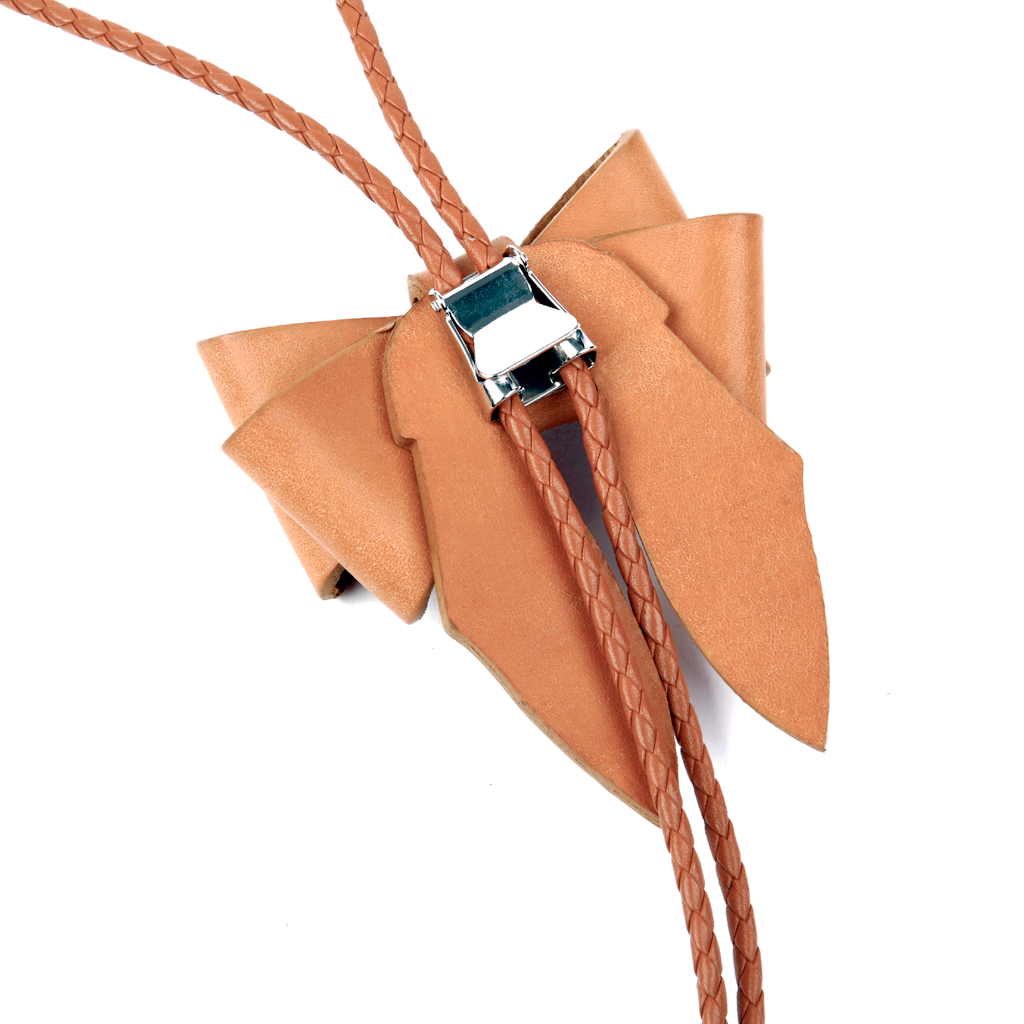 Natural leather bolo tie silver-plated metal clip closure